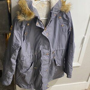 Women's Gray Parka with Faux Fur Hood